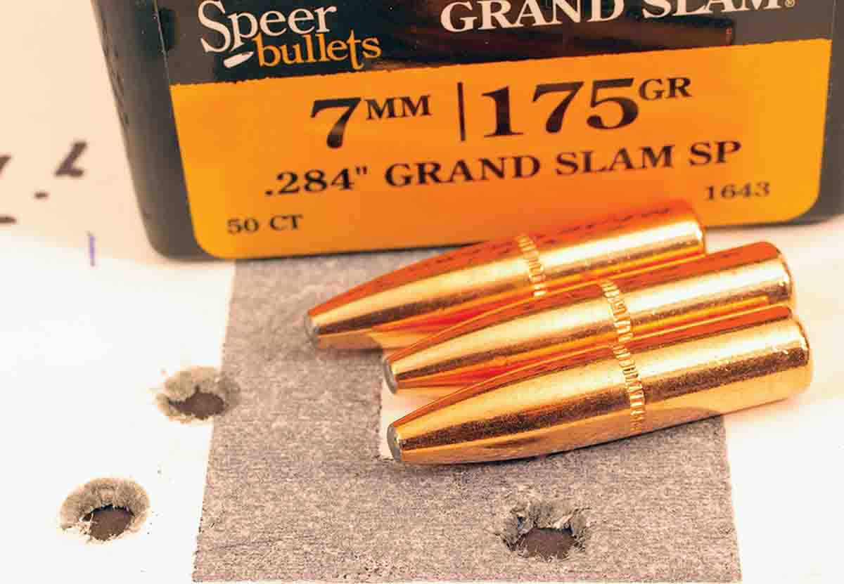At 100 yards, Speer 175-grain Grand Slams and Reloder 33 produced this group from the Browning X-Bolt.